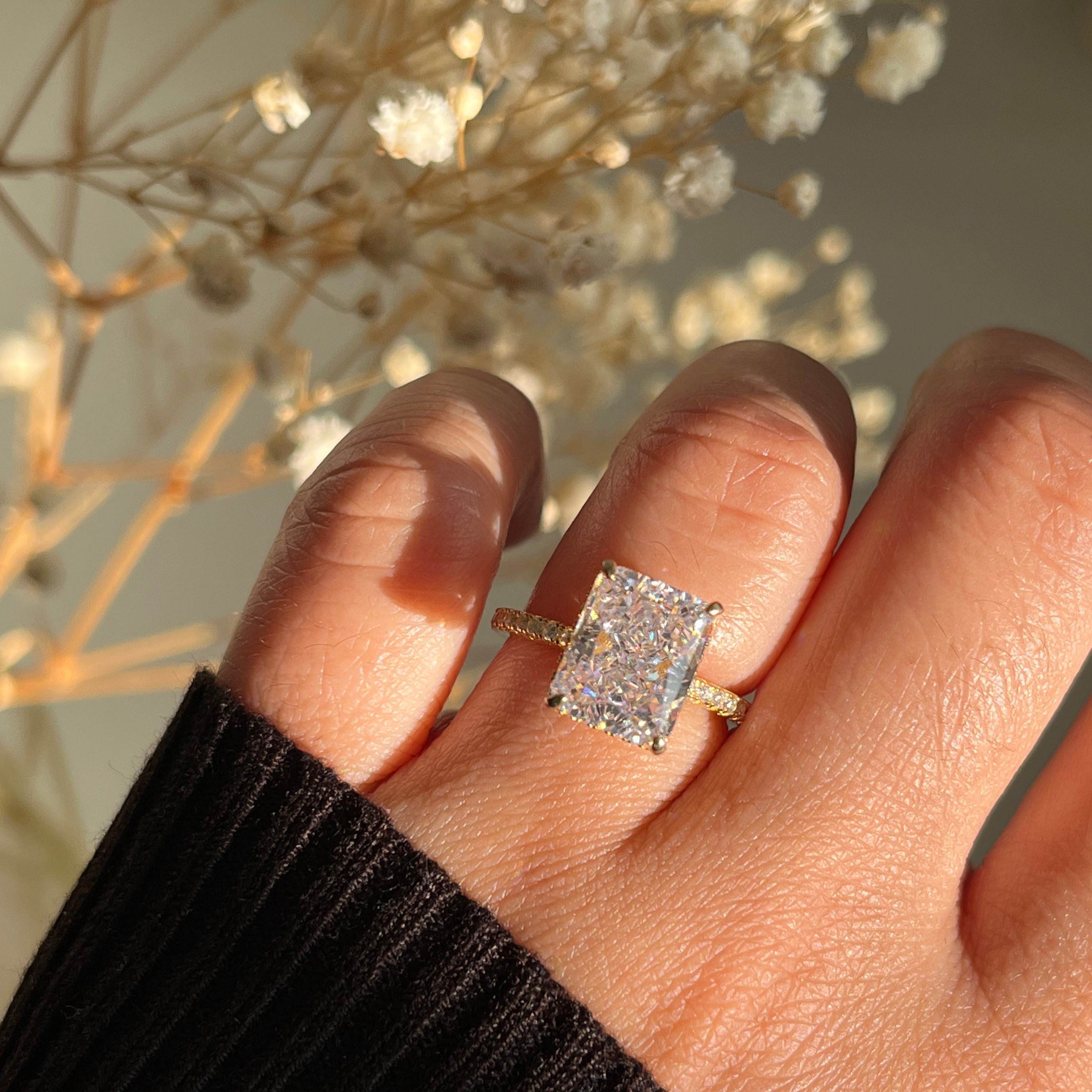 Alaia 4CT Radiant Cut 18K S925 Sterling Silver Promise Ring | Affordable Engagement Ring with Hidden Halo & Pave Band | Hypoallergenic, Tarnish-Free 8A Cubic Zirconia | Stacking Jewellery for Weddings & Anniversaries | Buy in London, UK | Luxora London