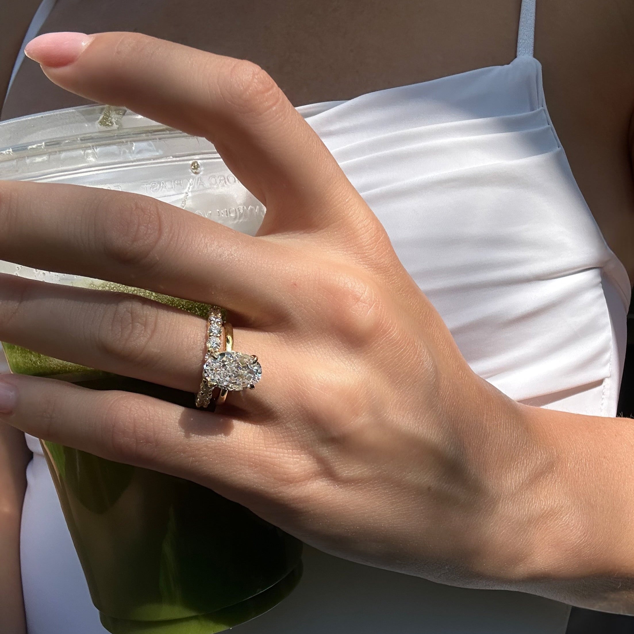 OCEANA SOLITAIRE OVAL CUT GOLD DIAMOND ENGAGEMENT ring paired with gold round brillant diamond stones eternity band, 925 sterling silver, waterproof jewellery - Luxora London