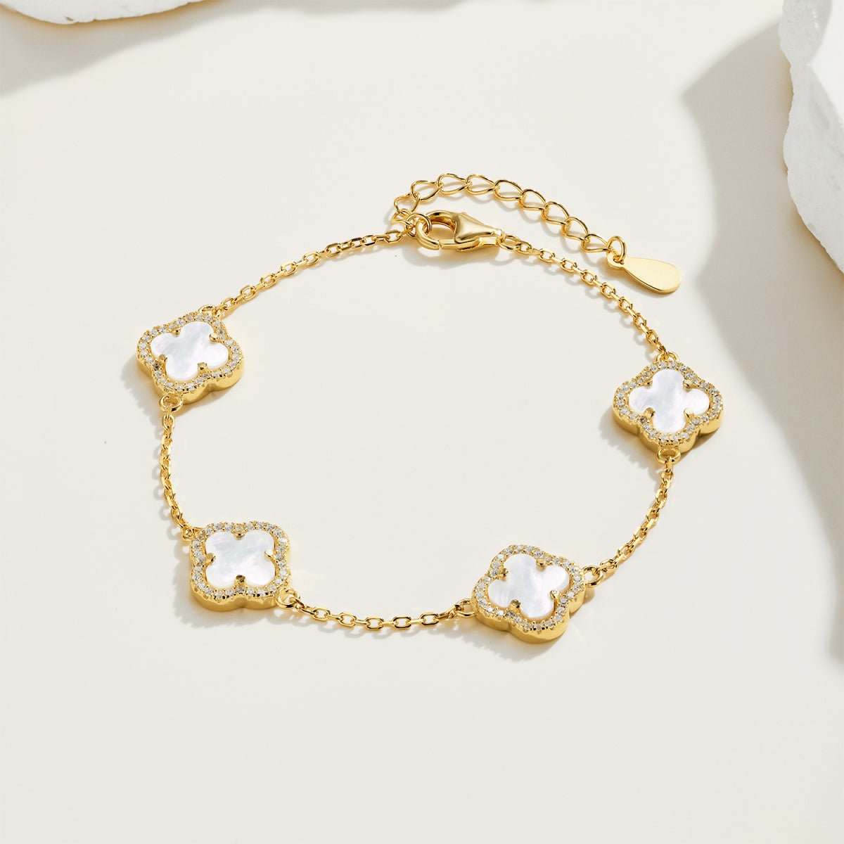 Gold Mini White Shell Clover Bracelet - Luxora London
