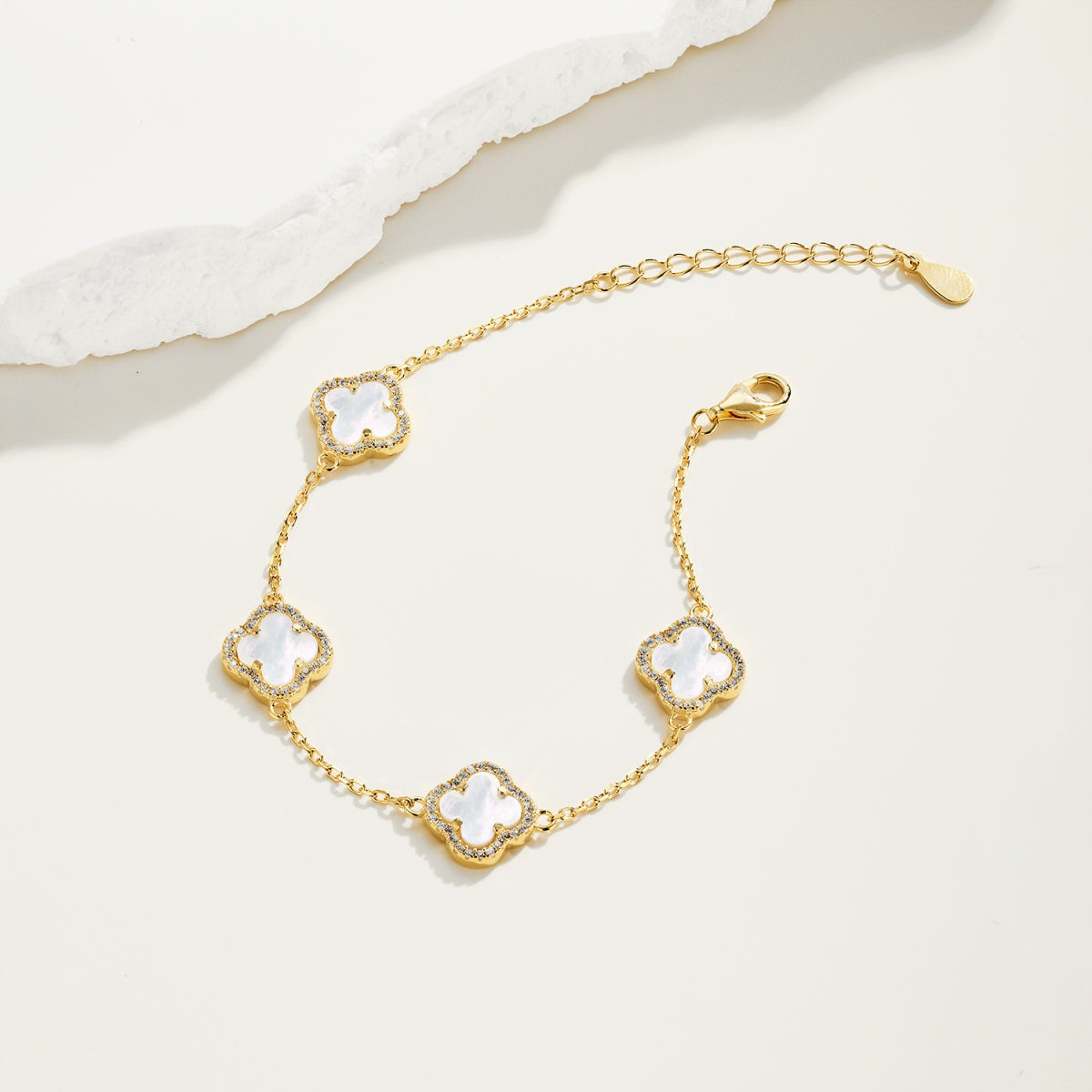 Gold Mini White Shell Clover Bracelet - Luxora London