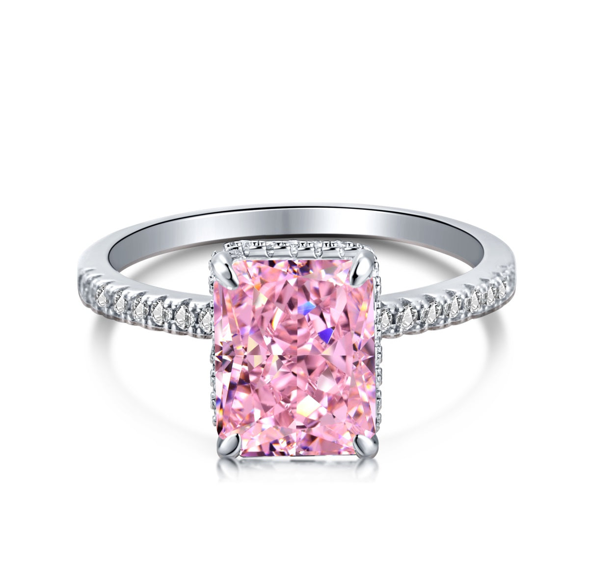 Alaia 4CT Radiant Cut Pink S925 Sterling Silver Promise Ring | Affordable Engagement Ring with Hidden Halo & Pave Band | Hypoallergenic, Tarnish-Free 8A Cubic Zirconia | Stacking Jewellery for Weddings & Anniversaries | Buy in London, UK | Luxora London
