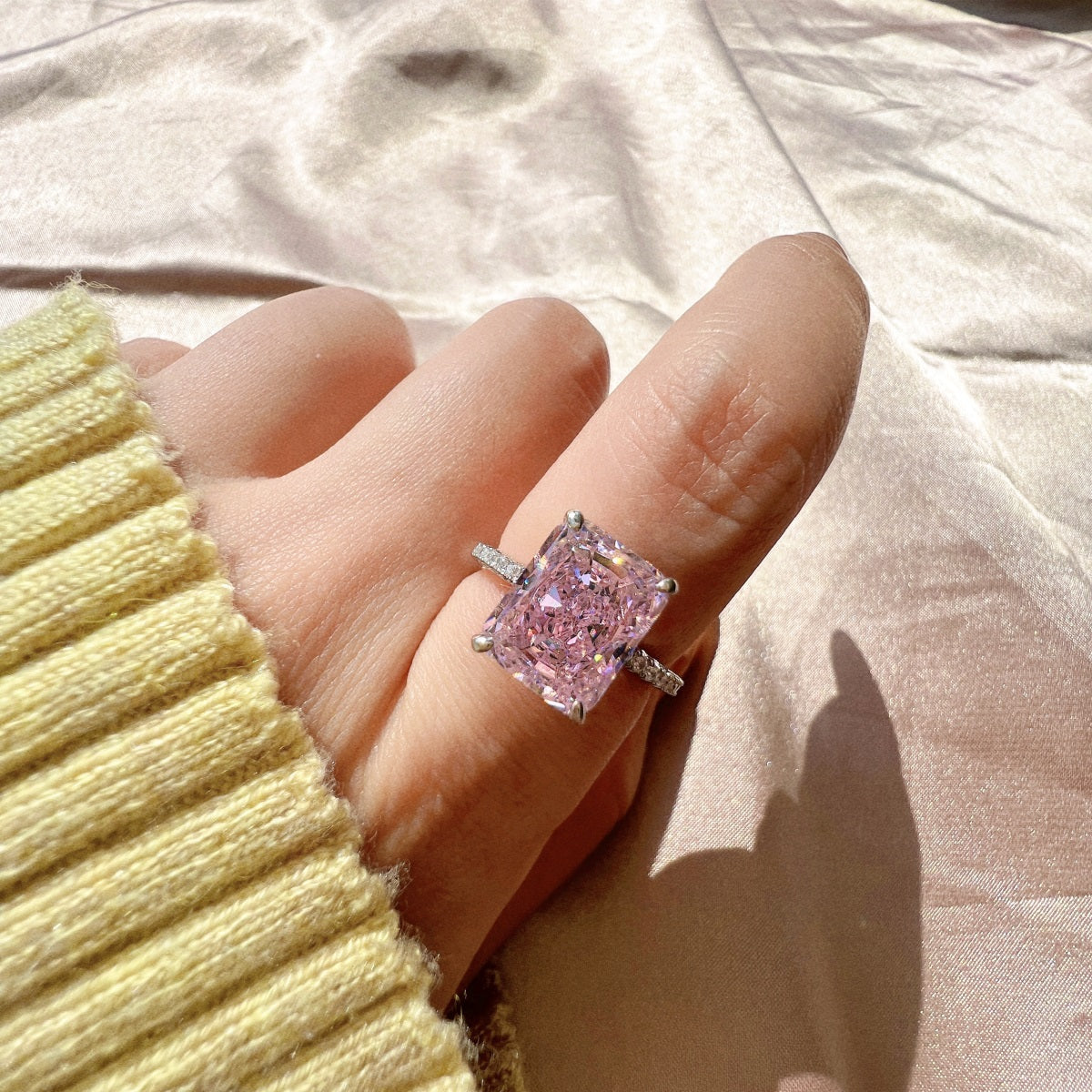 Alaia 4CT Radiant Cut Pink S925 Sterling Silver Promise Ring | Affordable Engagement Ring with Hidden Halo & Pave Band | Hypoallergenic, Tarnish-Free 8A Cubic Zirconia | Stacking Jewellery for Weddings & Anniversaries | Buy in London, UK | Luxora London