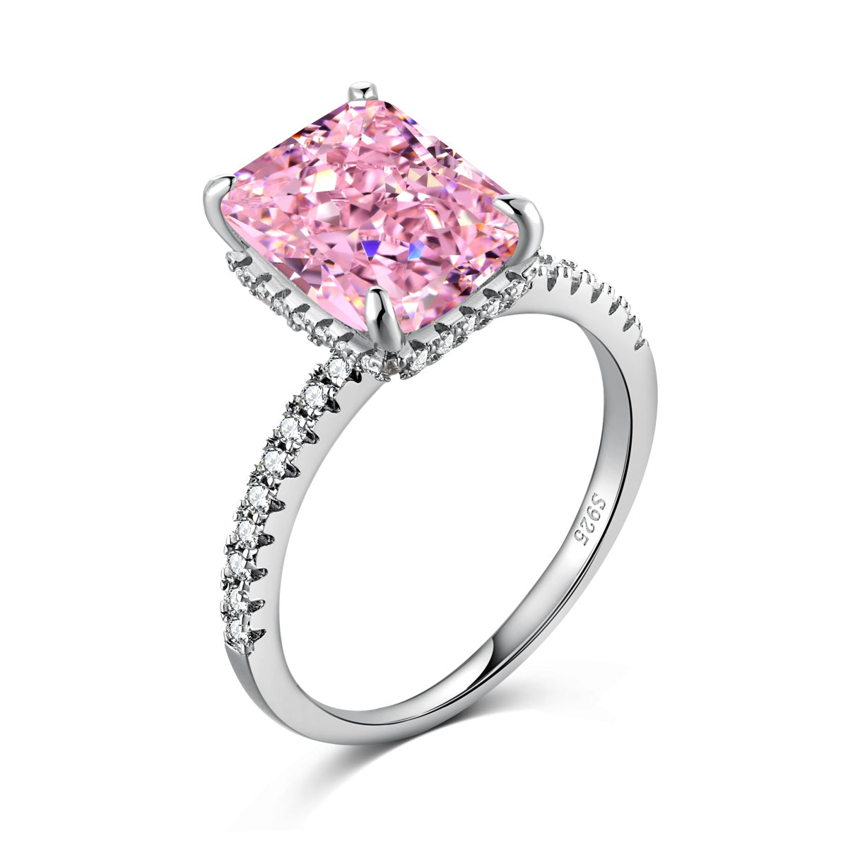 Alaia 4CT Radiant Cut Pink S925 Sterling Silver Promise Ring | Affordable Engagement Ring with Hidden Halo & Pave Band | Hypoallergenic, Tarnish-Free 8A Cubic Zirconia | Stacking Jewellery for Weddings & Anniversaries | Buy in London, UK | Luxora London