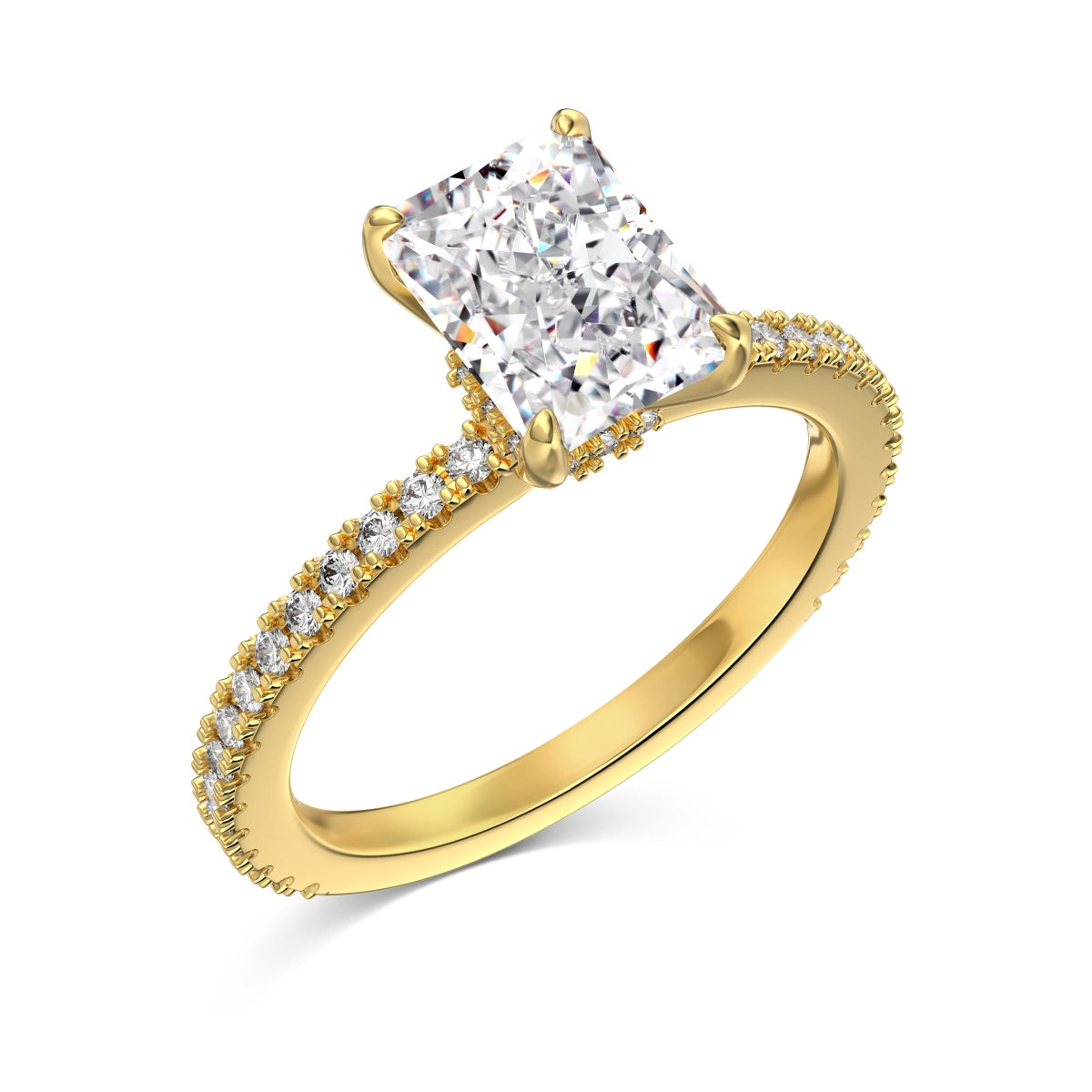 Gold 2 Carat Radiant Cut Pave Band Diamond Engagement Ring - Luxora London